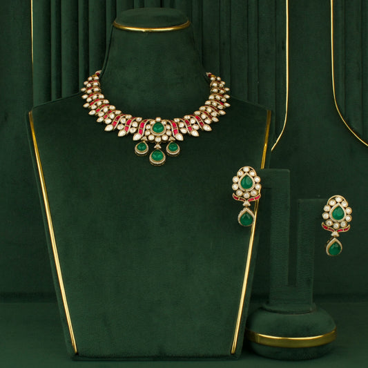 Victorian Fusion Kundan & Polki Short Necklace With Earrings