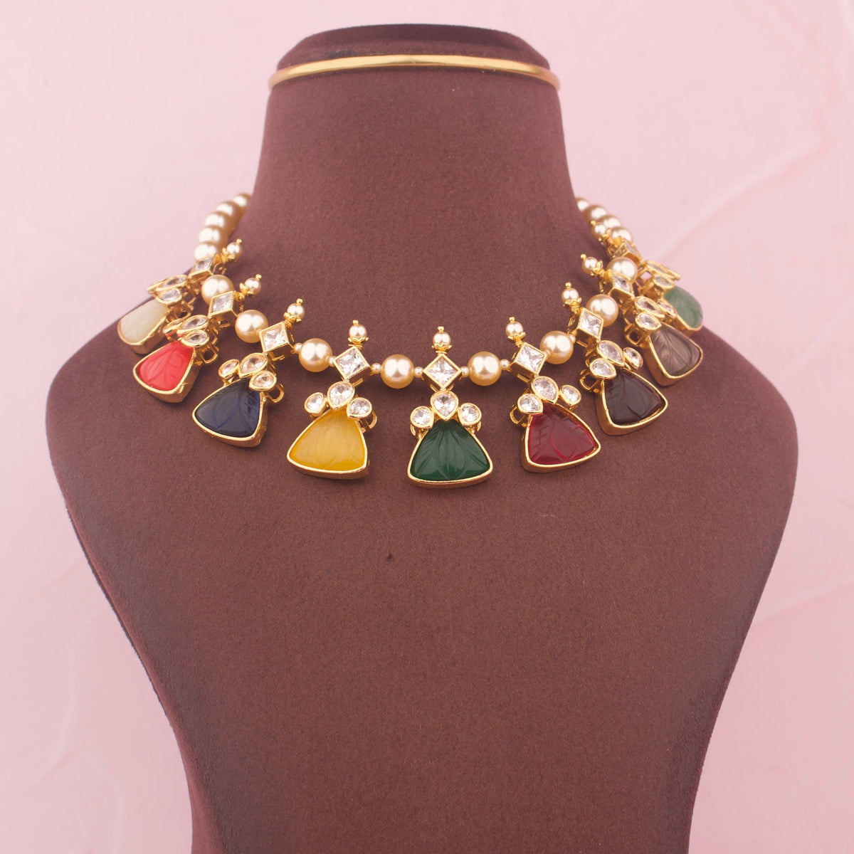 Multicolor Jadau Kundan Necklace Set With Green Earrings