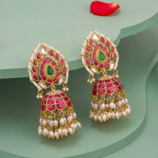 Floral Studded Jadau Kundan Jhumki With Ricepearl Hangings