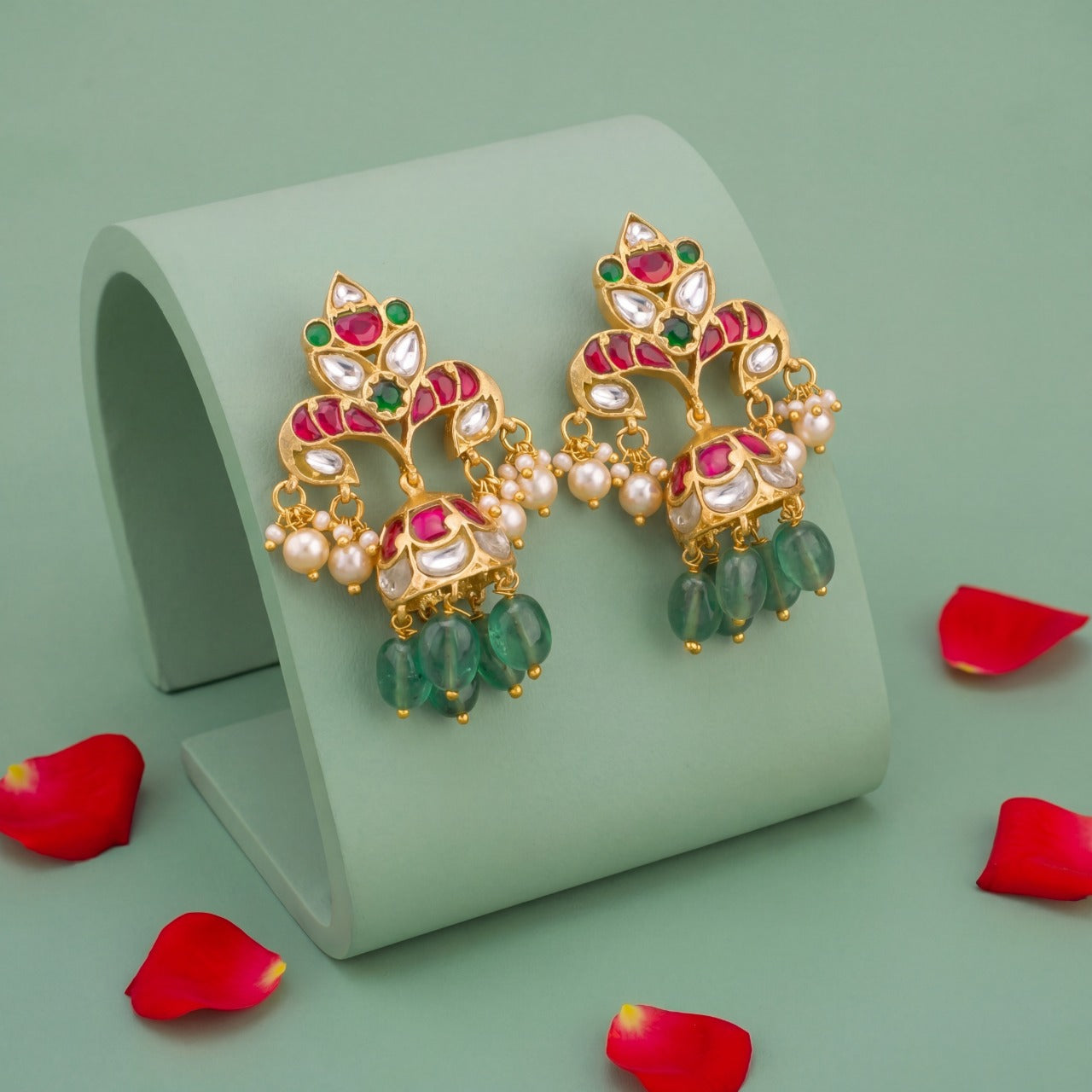 Designer Gold Finish Jadau Jhumki With Emerald Beads