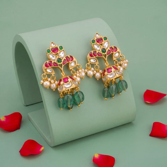 Designer Gold Finish Jadau Jhumki With Emerald Beads