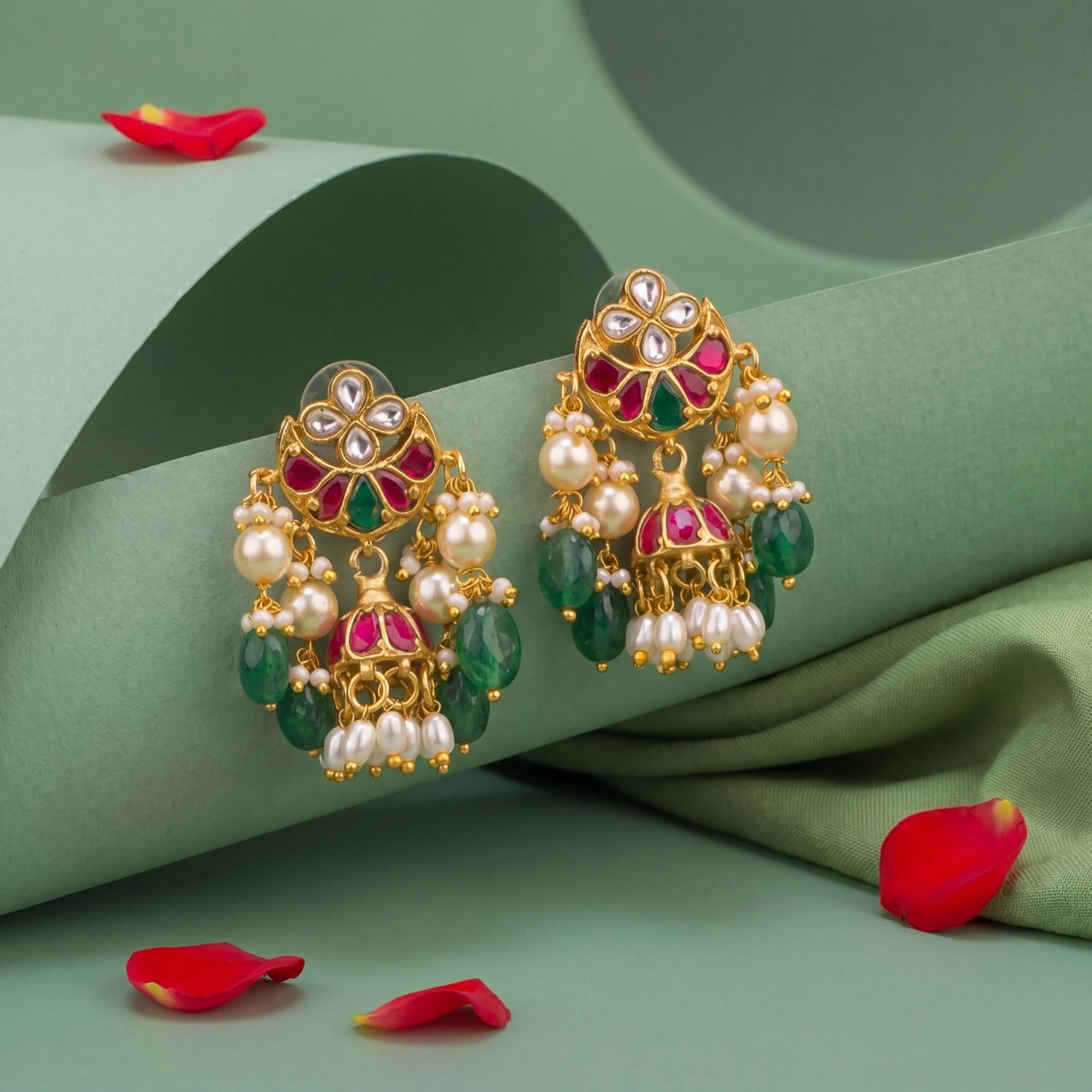 Minimal Jadau Kundan Jhumki Earrings With Hangings