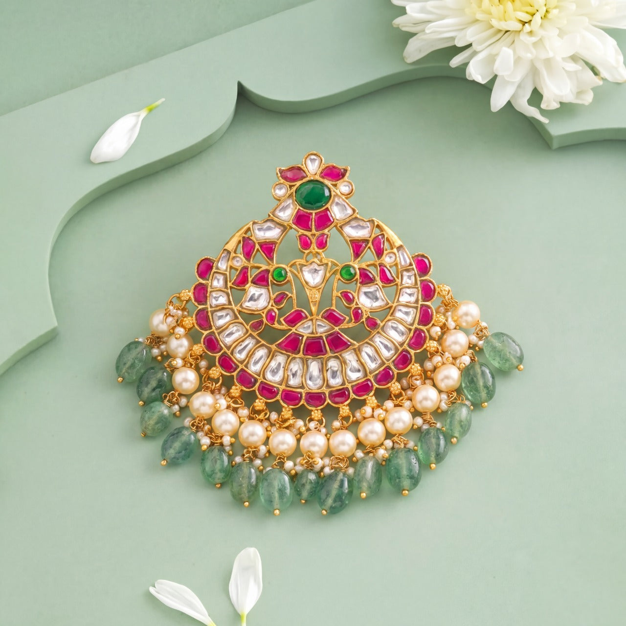 Timeless  Big Jadau Kundan Pendant With Pearl And Beads Hanging