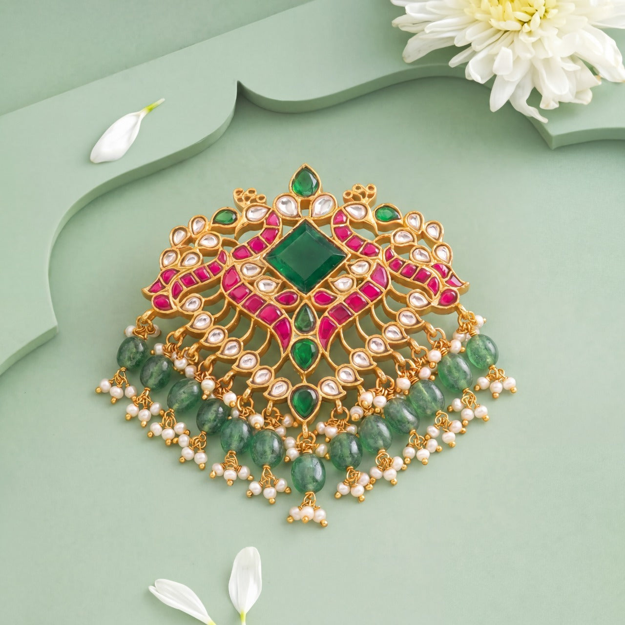Peacock Jadau Kundan Pendant With Emerald Drops