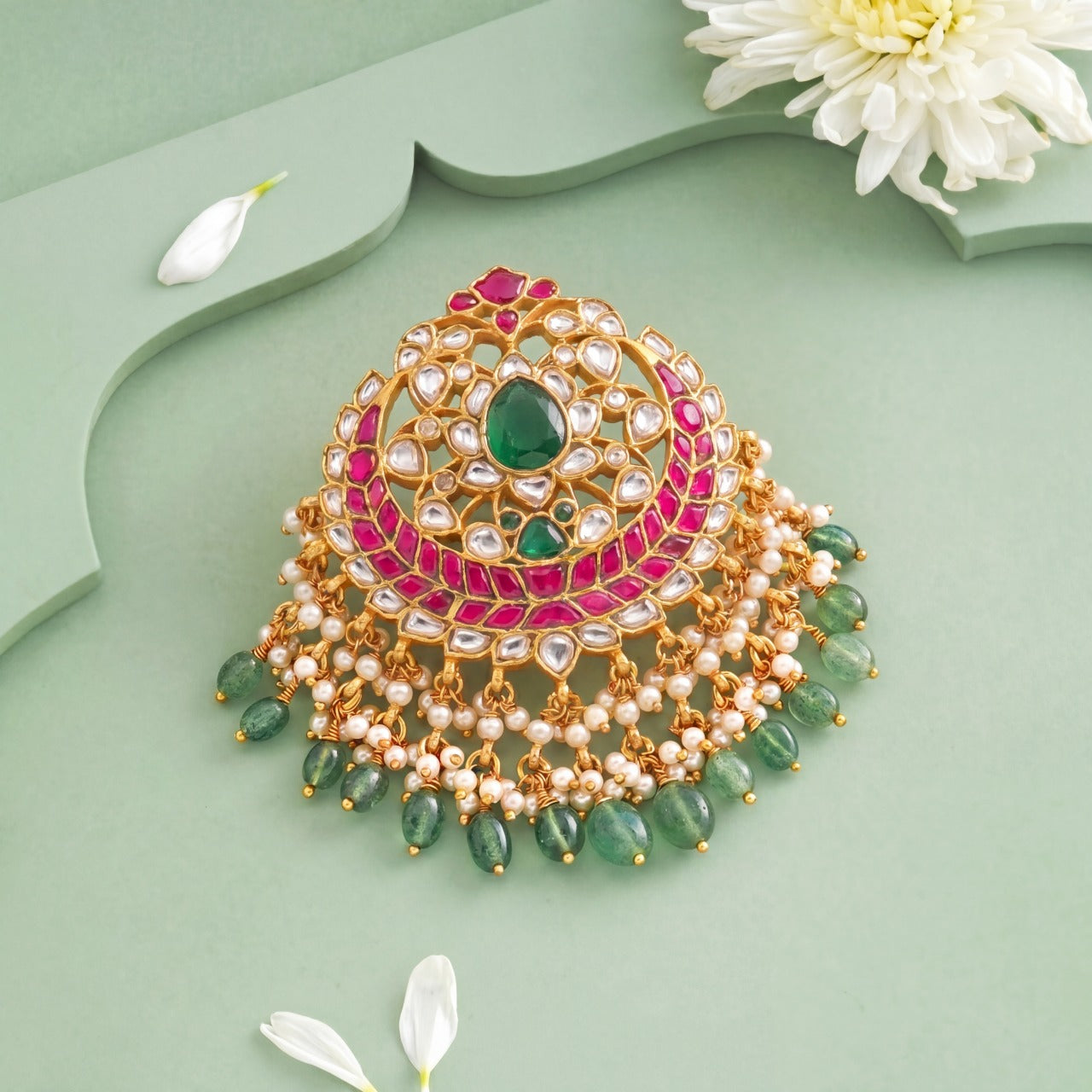 Traditional Jadau Kundan Chand Pendant With Green Beads