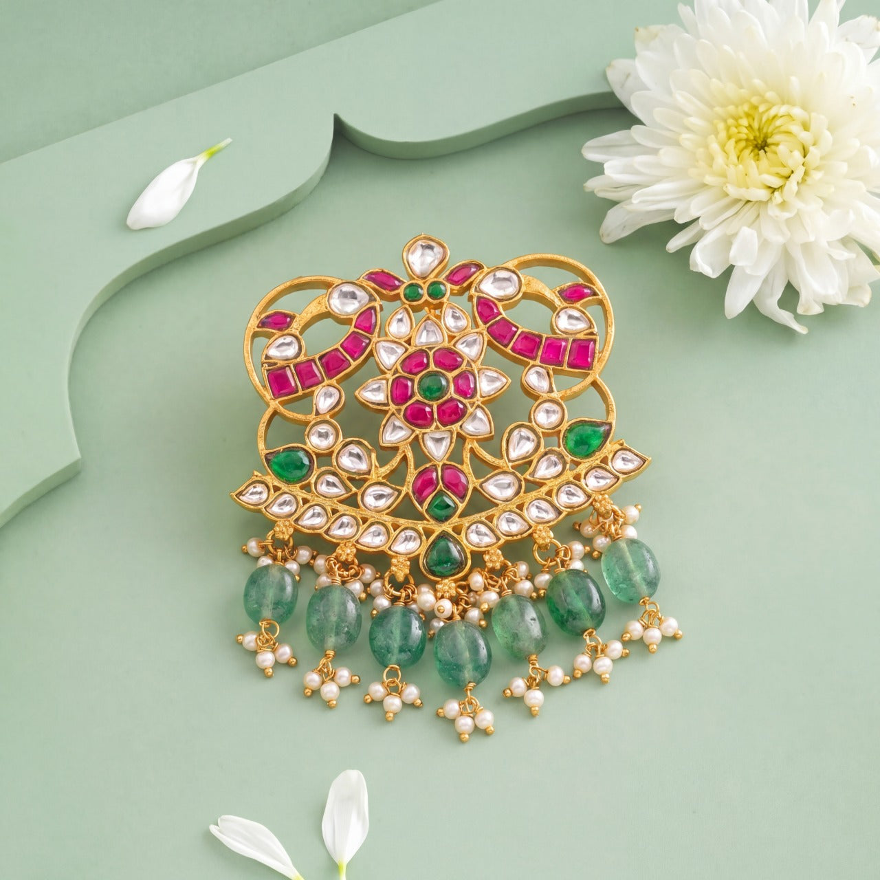 Maharani Peacock Guttapusalu Jadau Kundan Locket With Emerald Drops