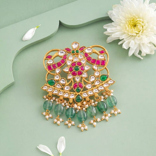 Maharani Peacock Guttapusalu Jadau Kundan Locket With Emerald Drops