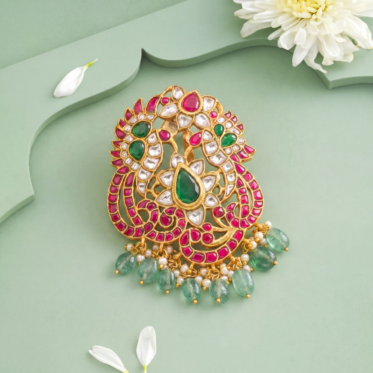 Unique Jadau Kundan Floral Peacock Design Pendant