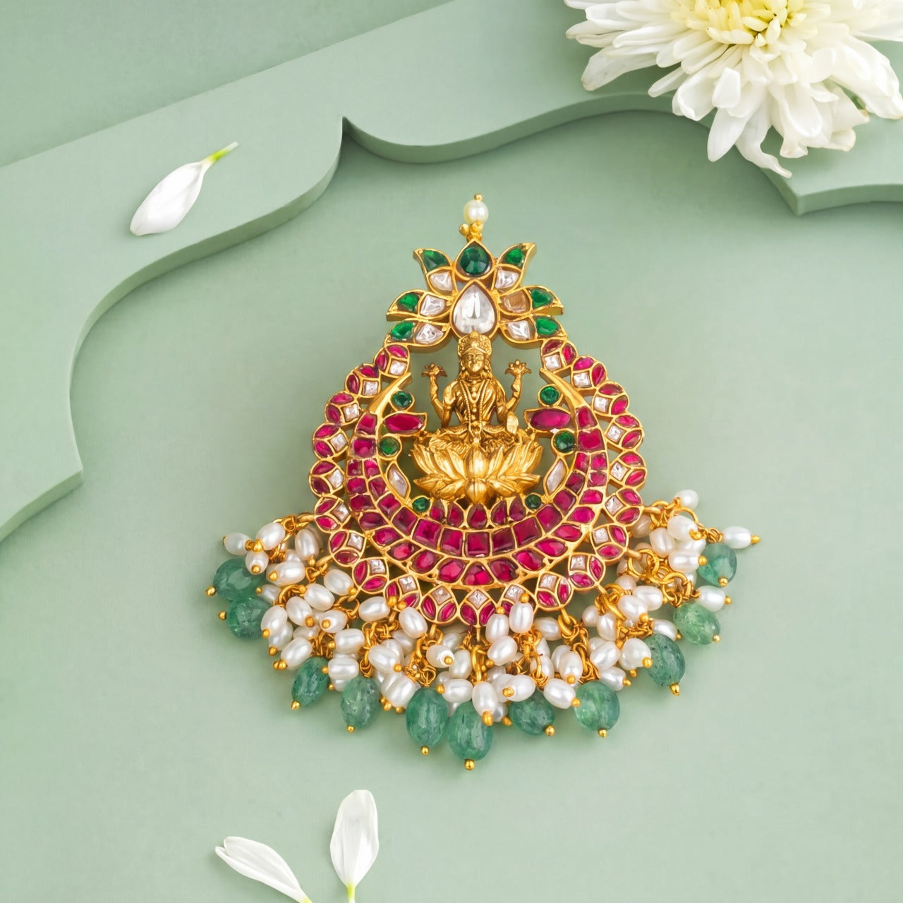 Jadau Kundan Laxmi Devi Design Lotus Pendant With Guttapusalu Hangings
