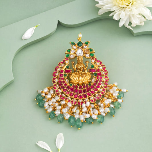 Jadau Kundan Laxmi Devi Design Lotus Pendant With Guttapusalu Hangings