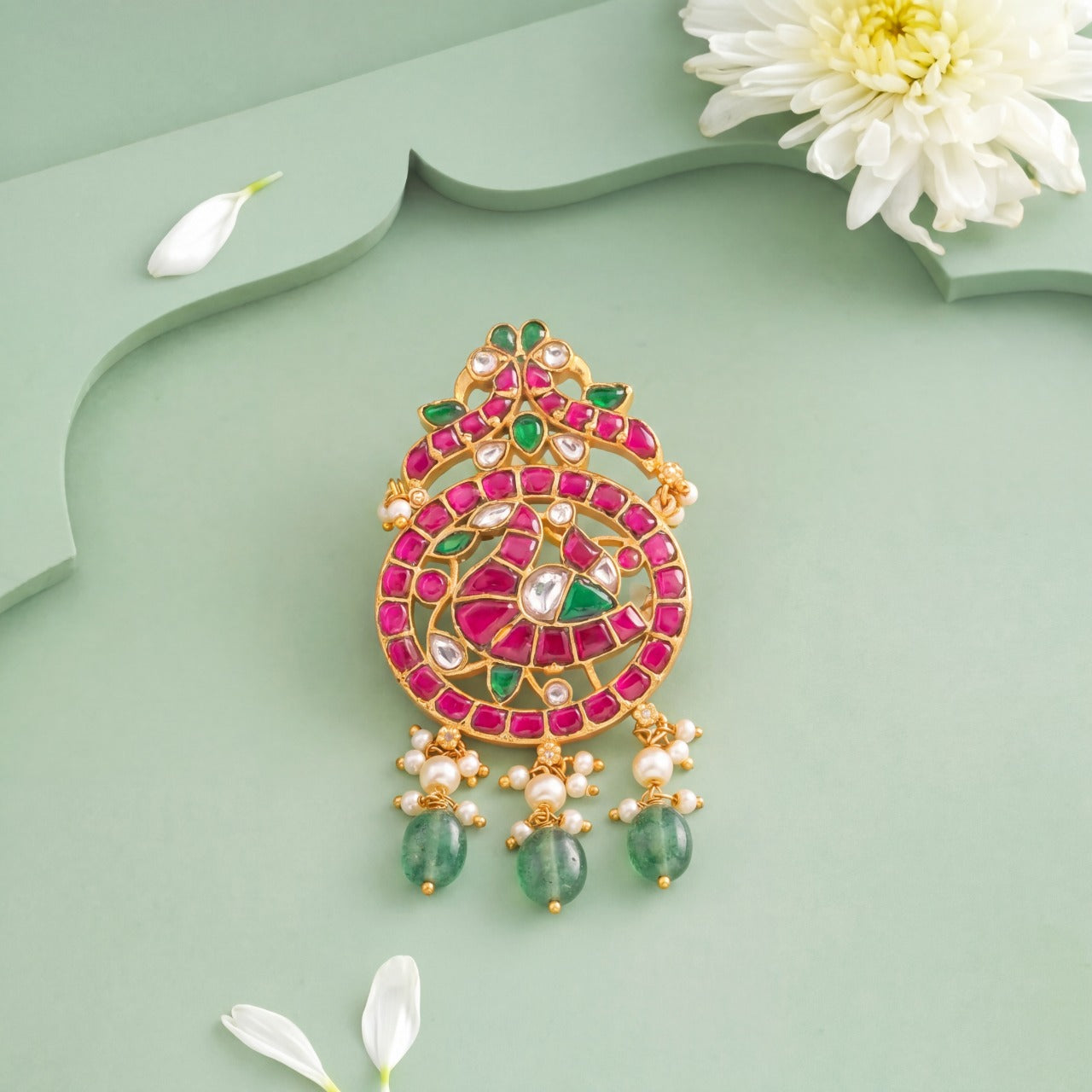 Royal Circular Peacock Motif Jadau Kundan Pendant With Green Drops