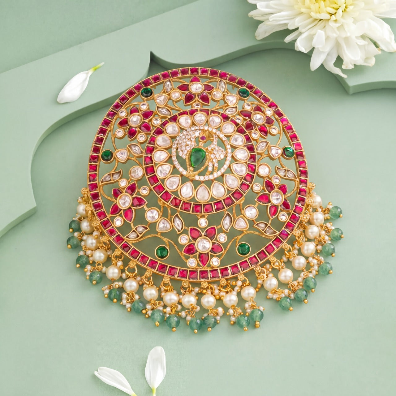 Royal Jadau Kundan Bridal Statement Locket With Red Stones, Green Center And Pearl Beads