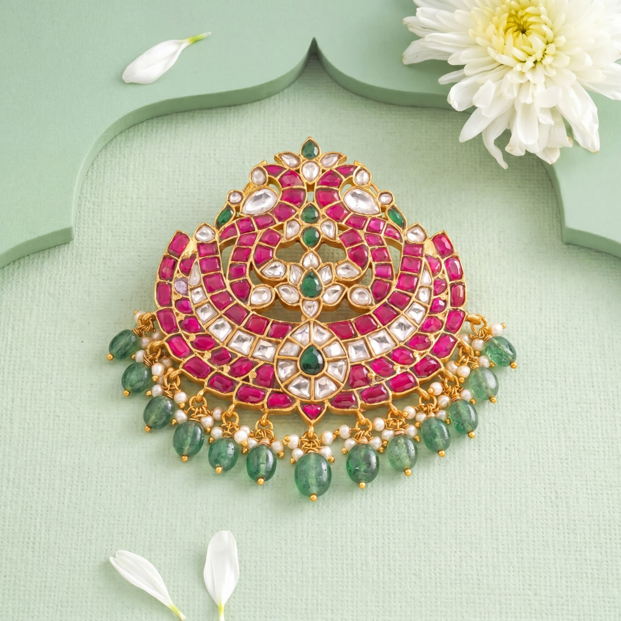 Designer Jadau Kundan Pendant With Ruby Stone Work And Green Strawberry Bead Hangings