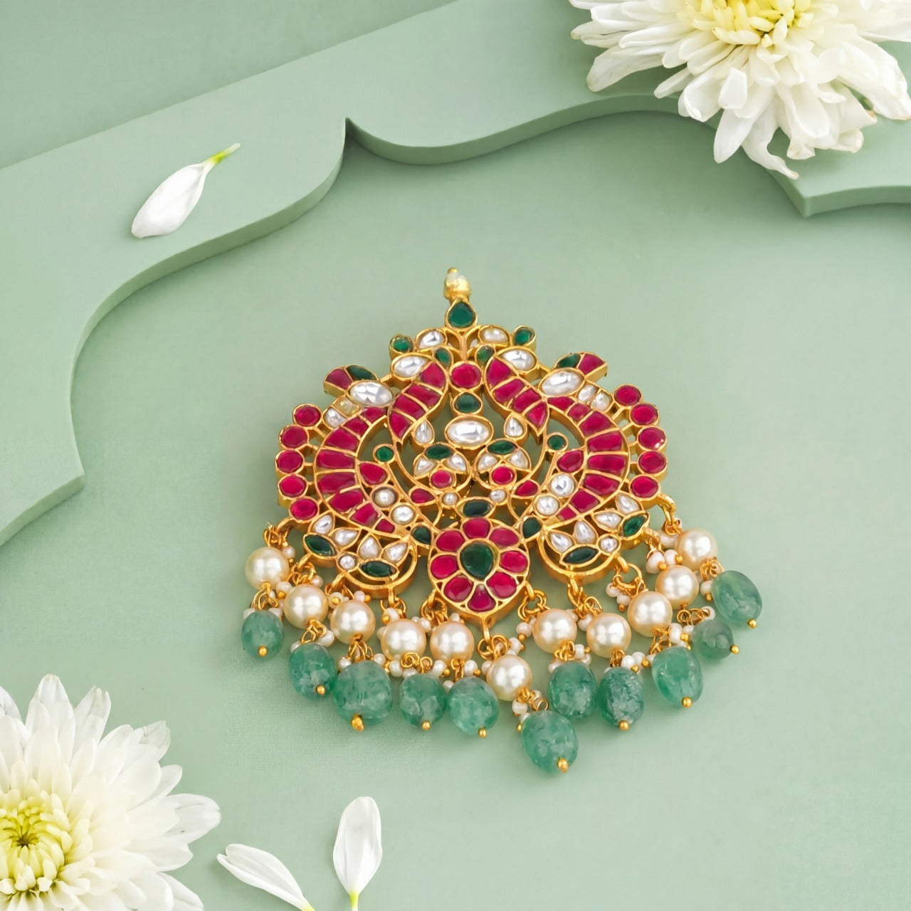 Traditional Jadau Kundan Pendant With Pearl And Green Beads