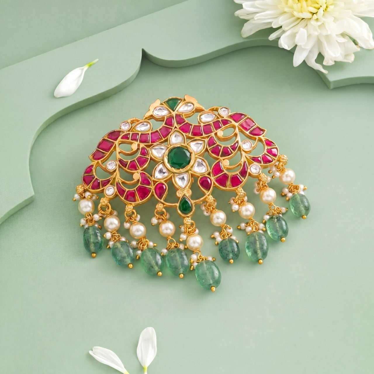 Designer Jadau Kundan Pendant With Pearl Drops And Green Beads