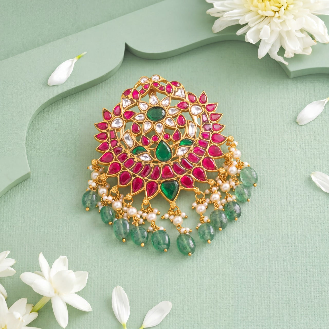 Heritage Jadau Kundan Locket With Ruby Work And Pearl Drops