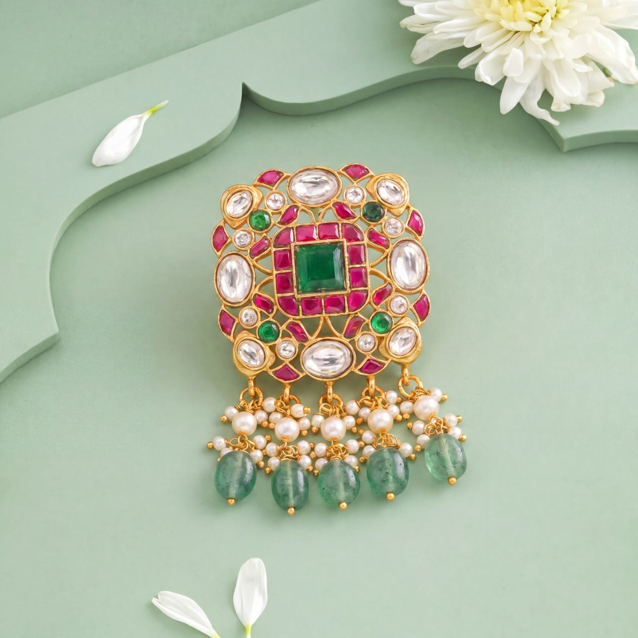 Antique Gold Square Kundan Locket With Emerald Hangings