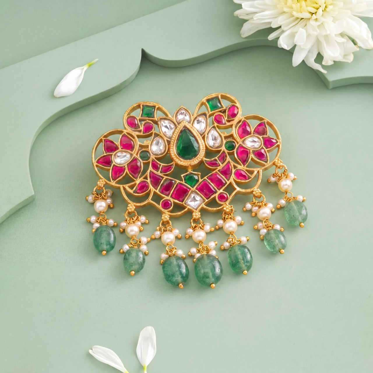 Designer Jadau Kundan Peacock Style Locket With Green Beads