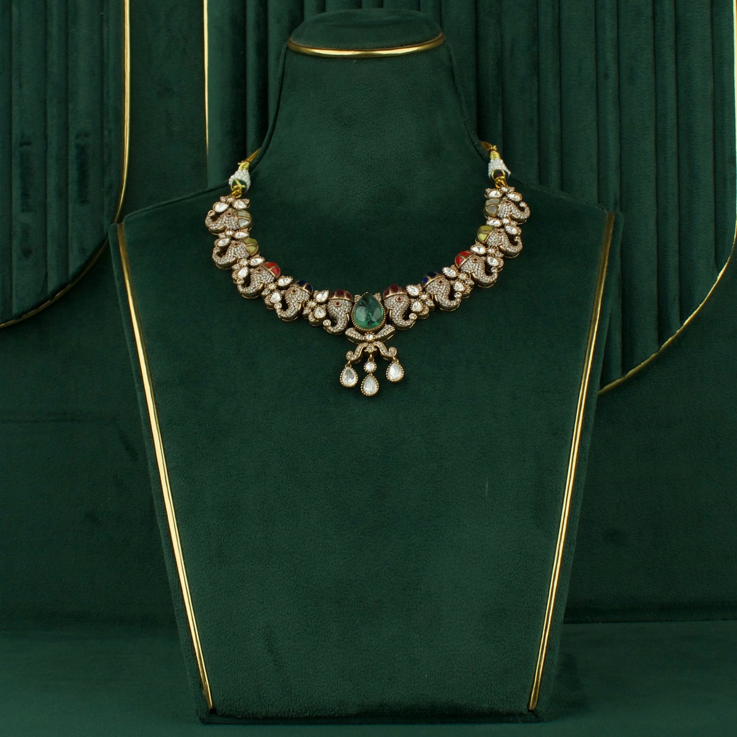 Polki Stones Navratna Necklace With Earrings