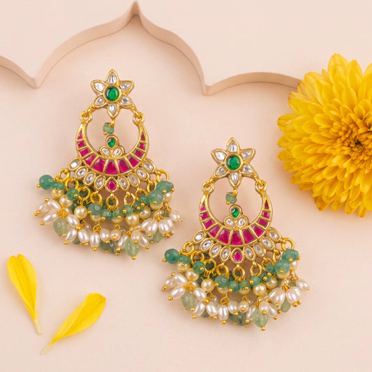 Floral Studded Jadau Kundan Guttapusalu Chandbali Earrings - Handcrafted Indian Bridal Jewelry by Dulhan Jewels