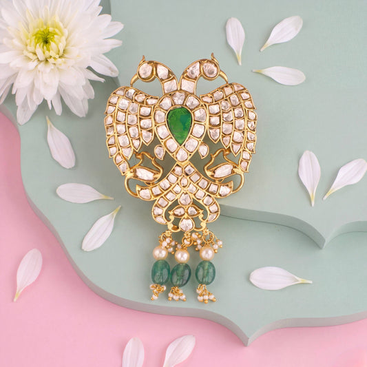 Elegant Moissanite Polki Gandaberunda Pendant - Handcrafted Indian Bridal Jewelry by Dulhan Jewels