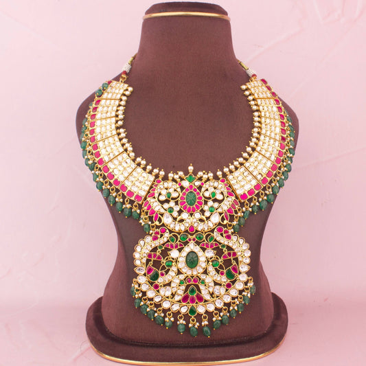 Grand Jadau Kundan Bridal Necklace Set With Emerald Green Beads