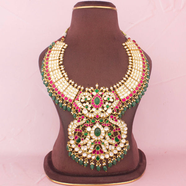 Grand Jadau Kundan Bridal Necklace Set With Emerald Green Beads