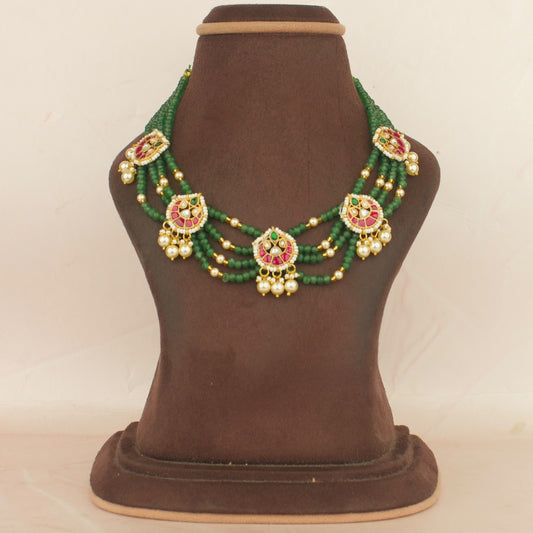 Jadau Kundan Beads Mala with Chand Design Pearls Hanging