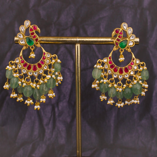 Elegant Peacock Design Jadau Kundan Chand Bali with Green Beads - DULHAN JEWELS