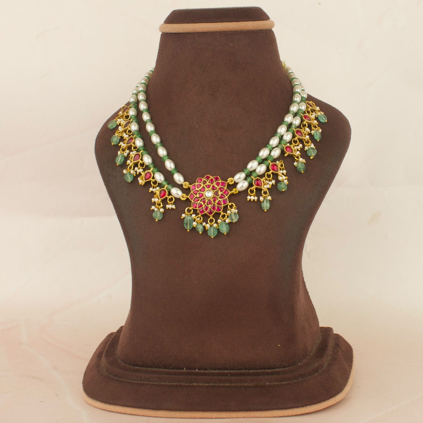 Intricate Floral Design Jadau Kundan Beads Necklace with Green Beads
