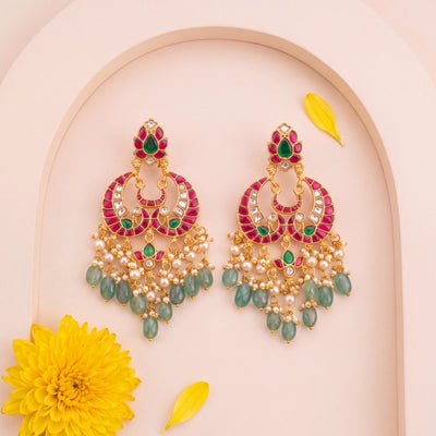 Regal Jadau Kundan Chandbali Earrings With Green Drops