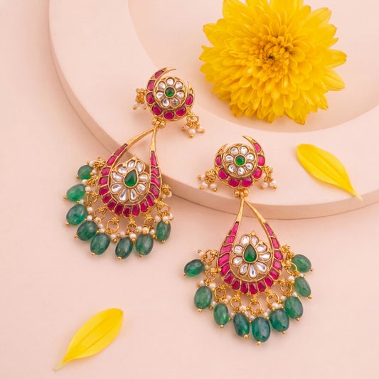Chand Studded Jadau Kundan Chandbali Earrings - Handcrafted Indian Bridal Jewelry by Dulhan Jewels