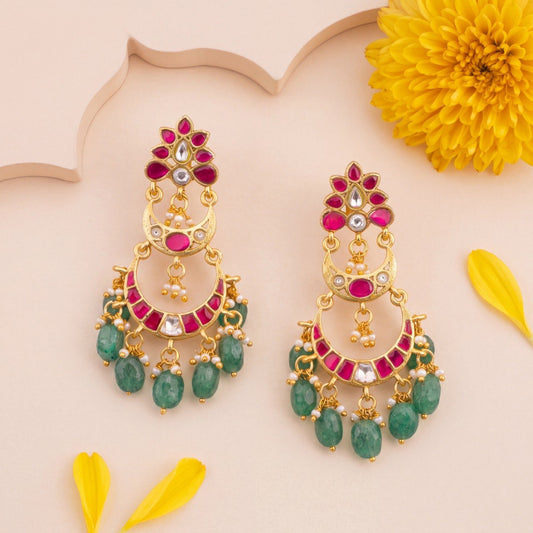 Gold Finish Jadau Kundan Chandbali Earrings With Emerald Drops - Handcrafted Indian Bridal Jewelry by Dulhan Jewels
