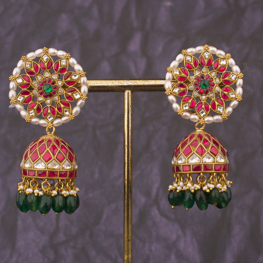 Traditional Jadau Kundan Studded Floral Mandala Design Jhumka Earrings With Emerald Green Drops