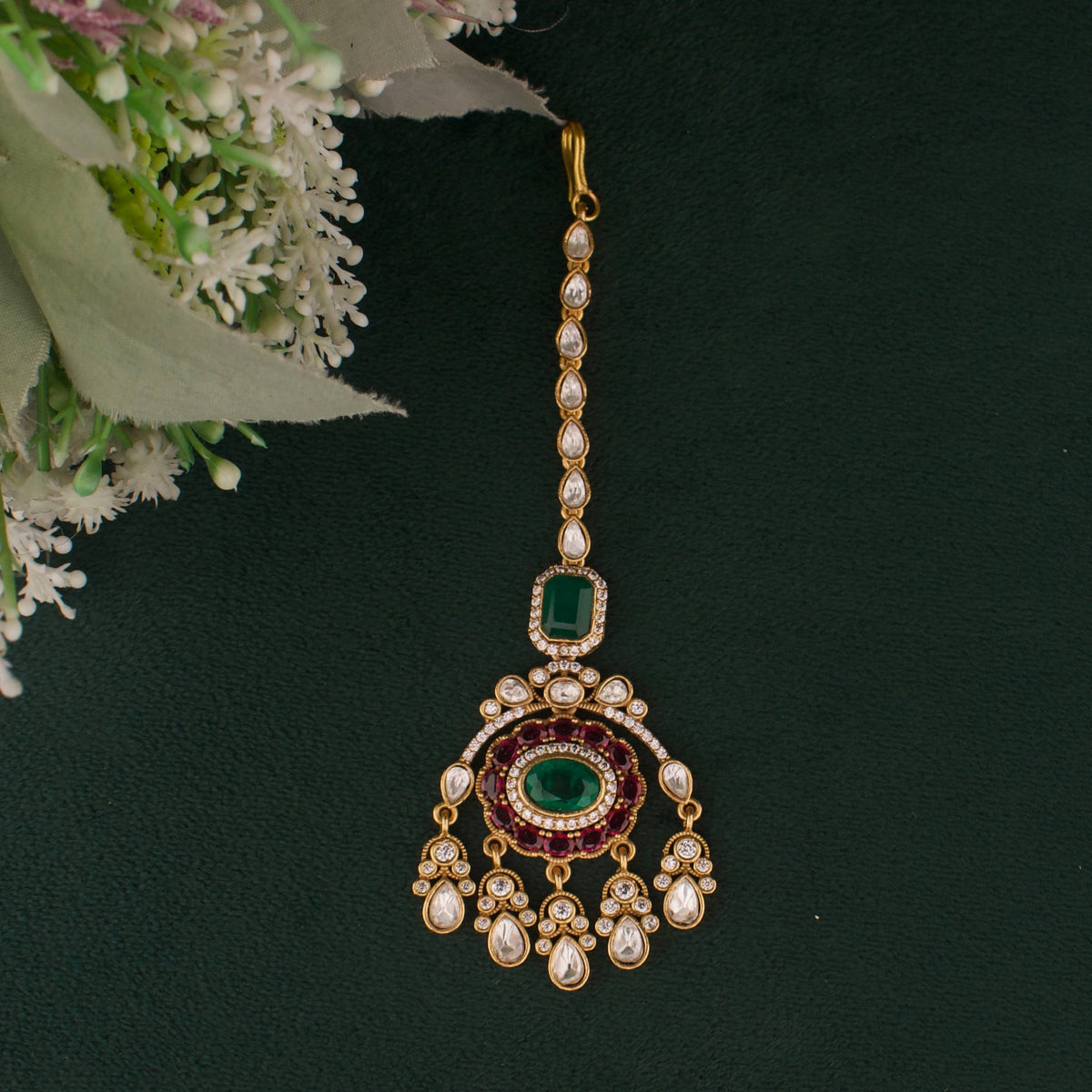 Victorian Emerald Maang Tikka With Ruby And Polki Accents - Handcrafted Indian Bridal Jewelry by Dulhan Jewels