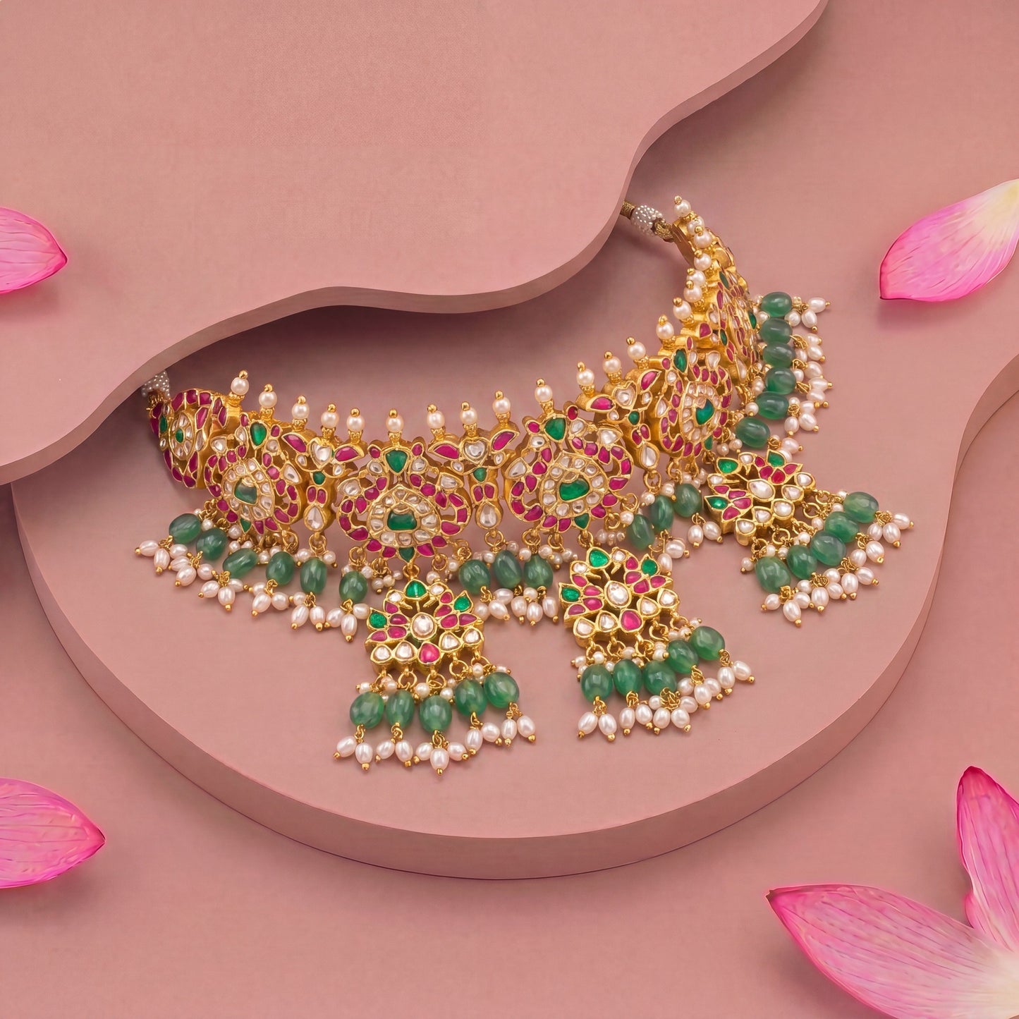 Premium Bridal Jadau Kundan Peacock Choker With Kundan Locket as Hangings adorned with pearls
