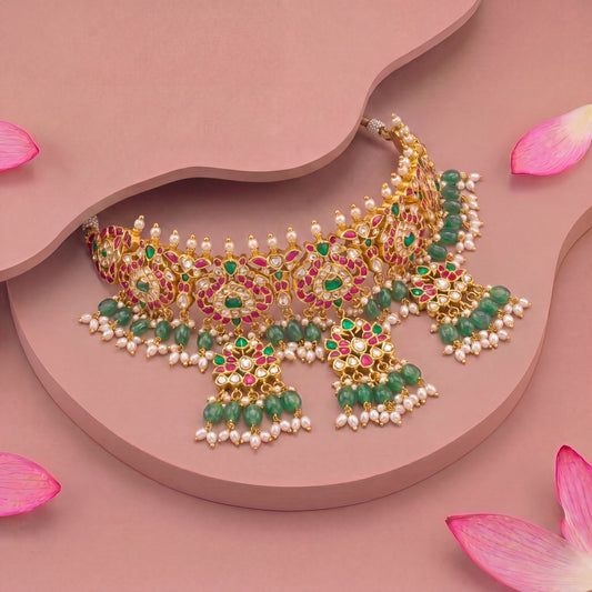 Premium Bridal Jadau Kundan Peacock Choker With Kundan Locket as Hangings adorned with pearls