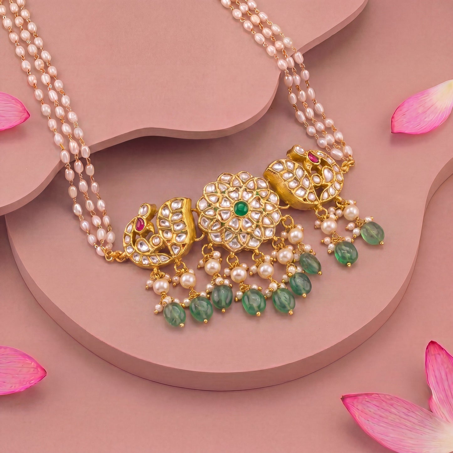 Gold Plated Kundan Choker with Rice Pearls and Peacock Motis