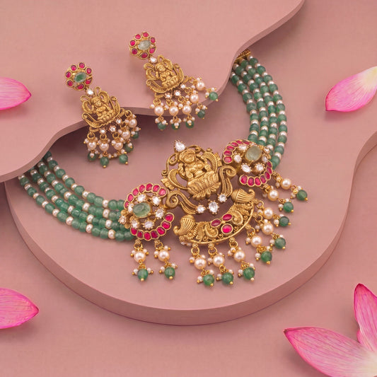 Traditional Beaded Choker Necklace Set With Lakshmi Devi Pendant