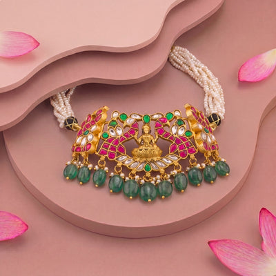 Temple Style Jadau Kundan Choker With Lakshmi Devi Motif And Green Beads