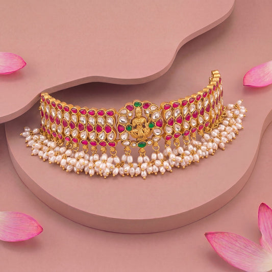 Temple Style Lakshmi Devi Jadau Kundan Choker With Rice Pearls