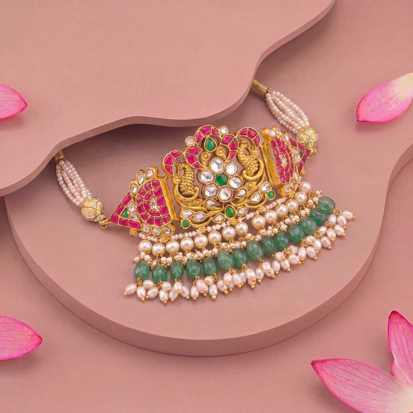 Temple Style Jadau Kundan Choker With Rice Pearl Hangings