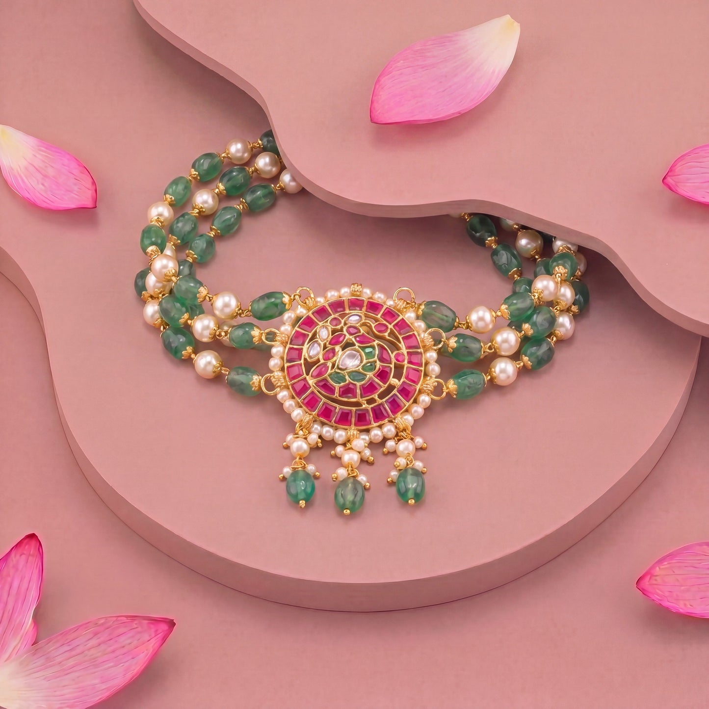 Traditional Beaded Choker with Floral Kundan Pendant And Pearl Drops