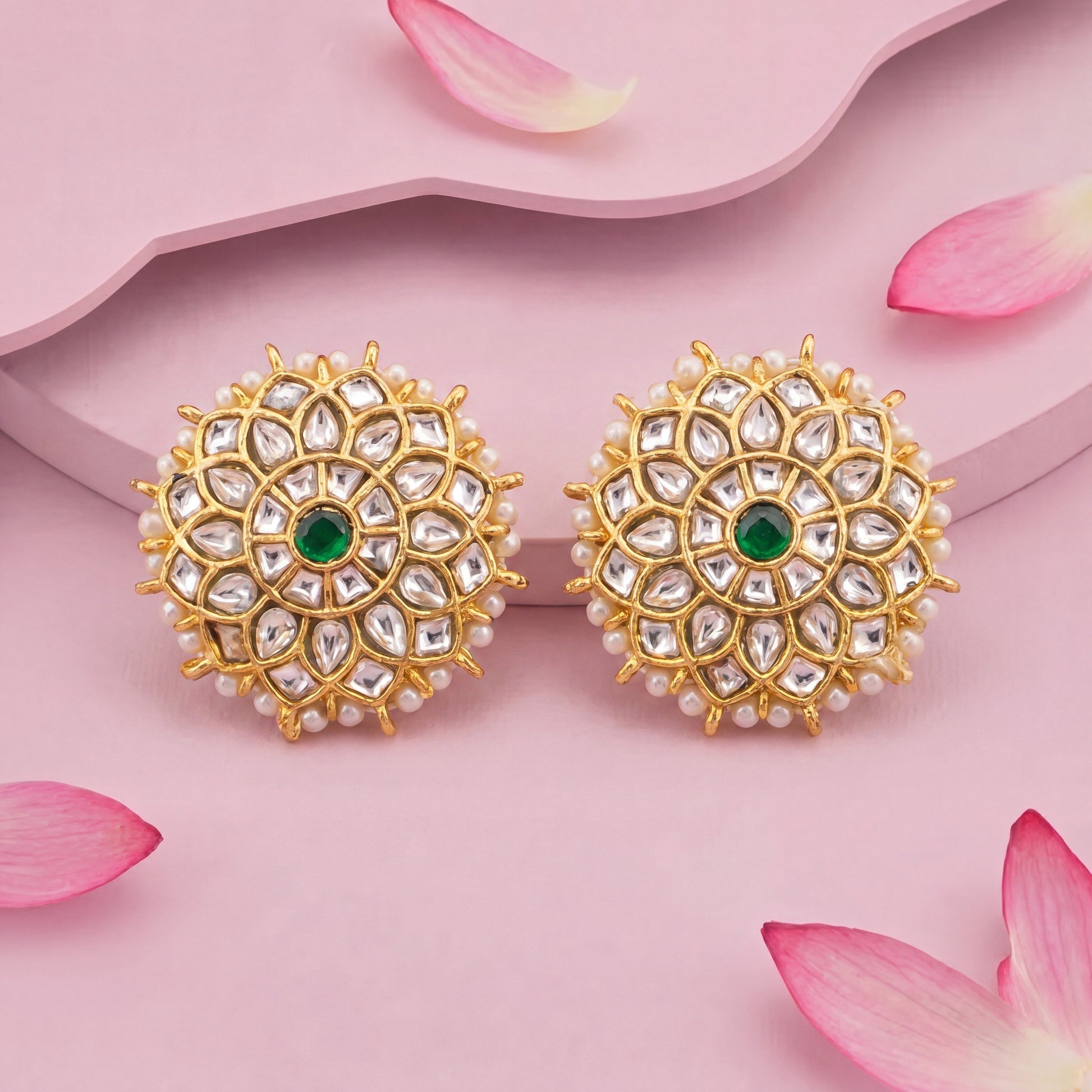 Premium Stylish Jadau Kundan Stud Earrings With Pearl Bordering