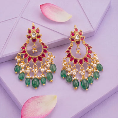 Unique Design Jadau Kundan Chandbali Earrings With Green Hangings