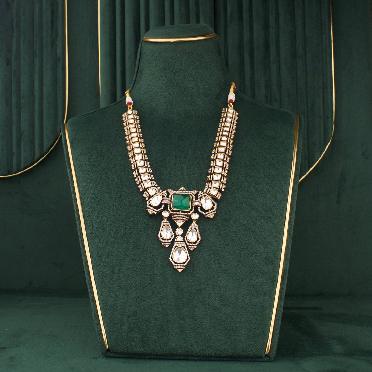 Antique Finish Victorian Polki Necklace Set With Green Stone Pendant And Drop Earrings