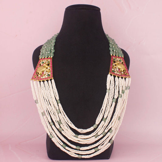 Regal Jadau Kundan Side Locket With Pearls & Beads Mala