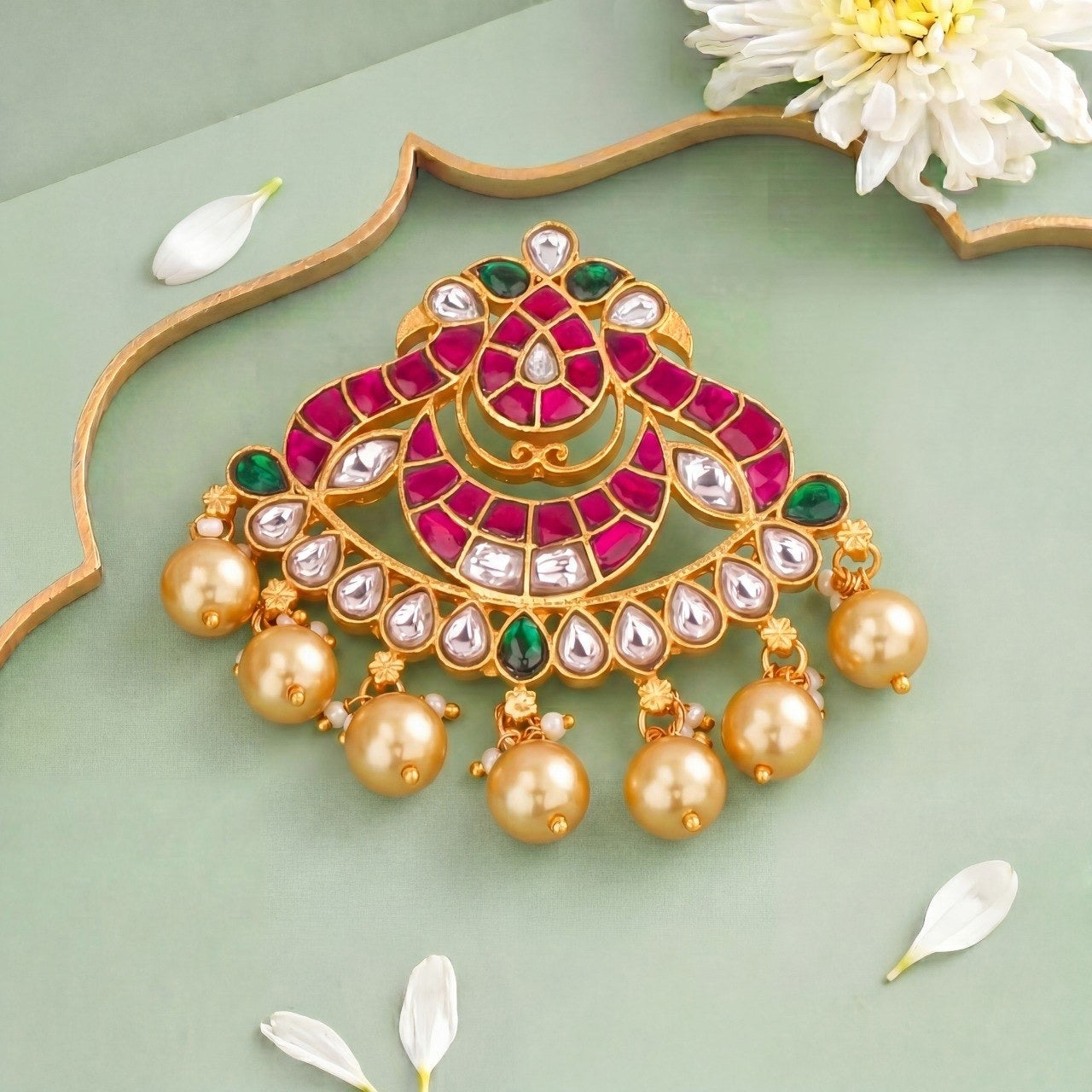 Designer Chand Motif Jadau Kundan Pendant With Golden Drops