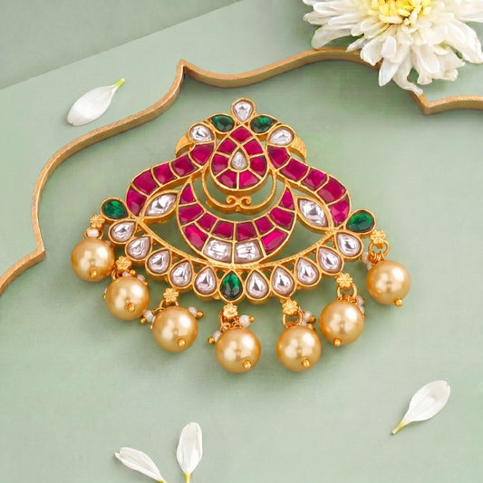 Designer Chand Motif Jadau Kundan Pendant With Golden Drops
