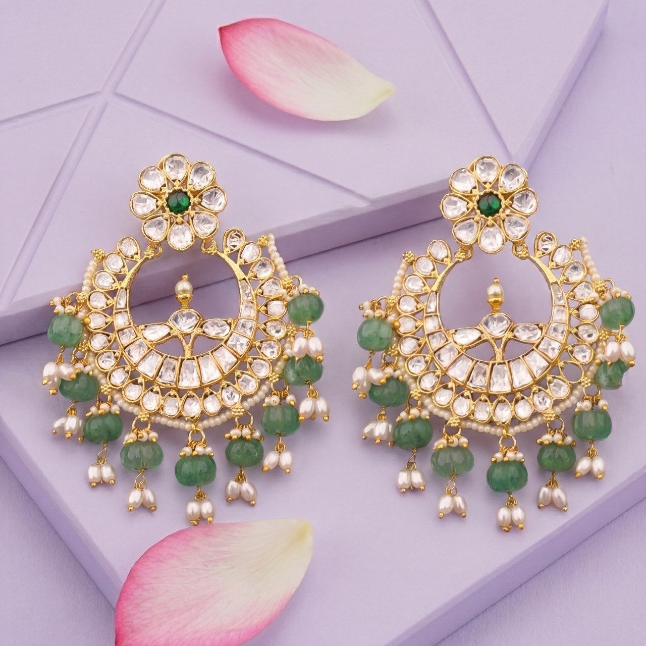 Bridal Polki Chandbali Earrings With Green Beads And Pearl Hangings